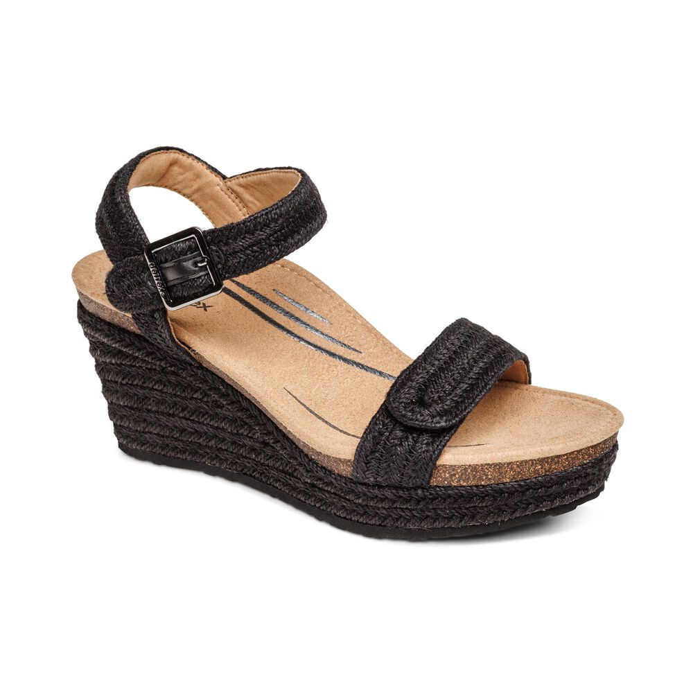 Aetrex Women's Sydney Quarter Strap Espadrille Wedge Sandals - Black | USA 4V13SDW